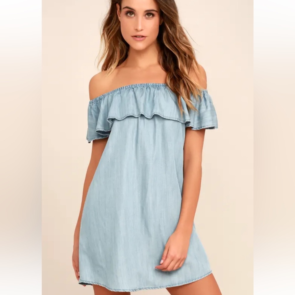 Lulus Standout Style Light Blue Chambray Off-the-Shoulder Dress